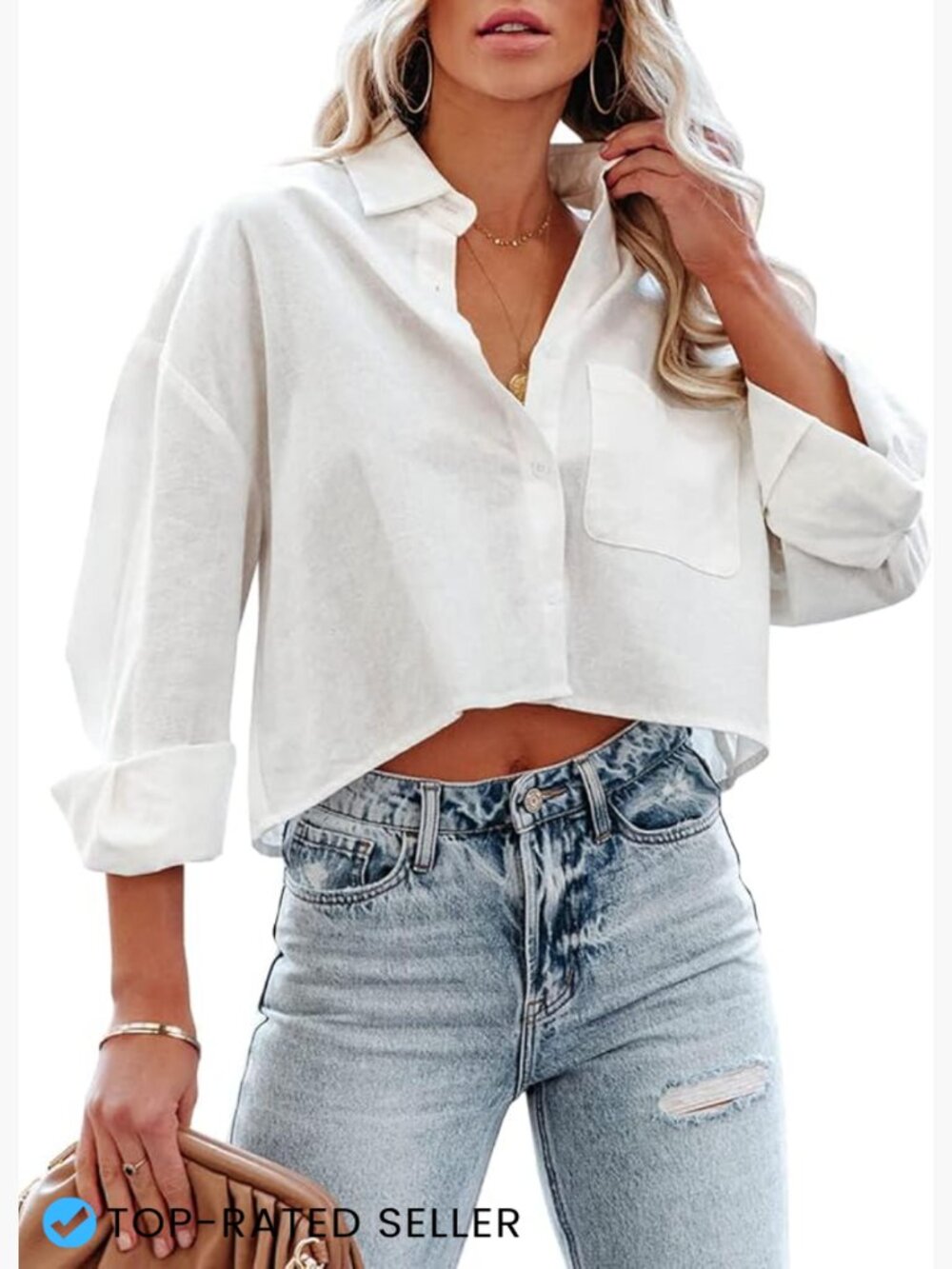 Cropped Long Sleeve Button Down Shirt Women Collared Cotton Blouse Casual Chic